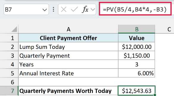 PV formula shows the quarterly payments are worth $12,543.63 today