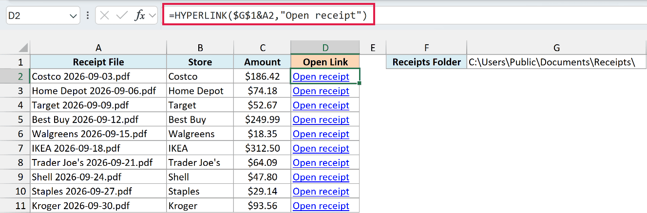 HYPERLINK formula joins the folder path in G1 with each file name to create an Open receipt link