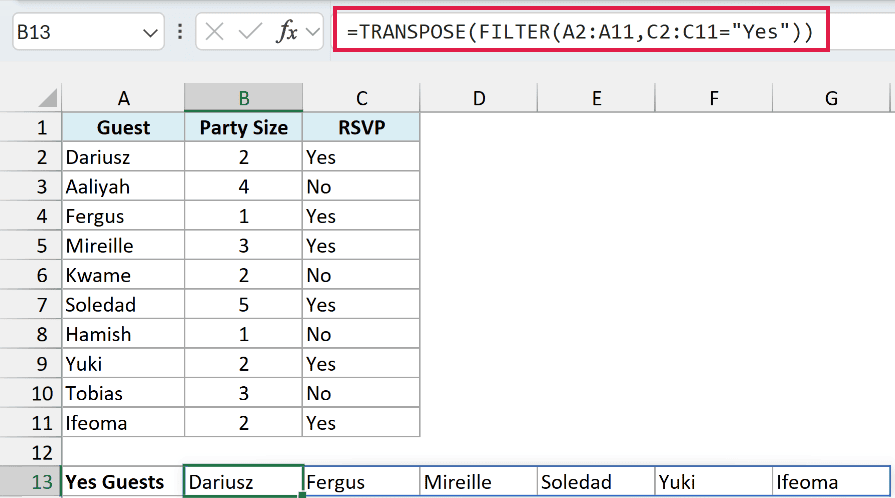 TRANSPOSE with FILTER lists the six guests who replied Yes across one row.
