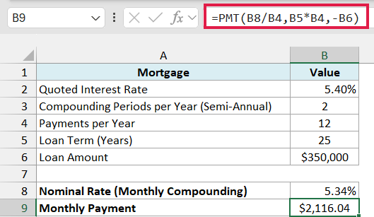 PMT using the converted rate returns a monthly payment of $2,116.04