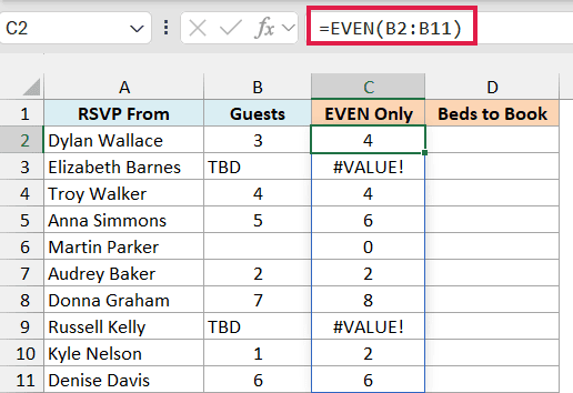 Plain EVEN formula in C2 returns #VALUE! for TBD and 0 for the blank guest cell