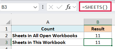 SHEETS formula in B3 counting only the sheets in this workbook