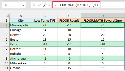 FLOOR.MATH in Excel with mode 1 rounding negative temperatures toward zero next to the FLOOR result
