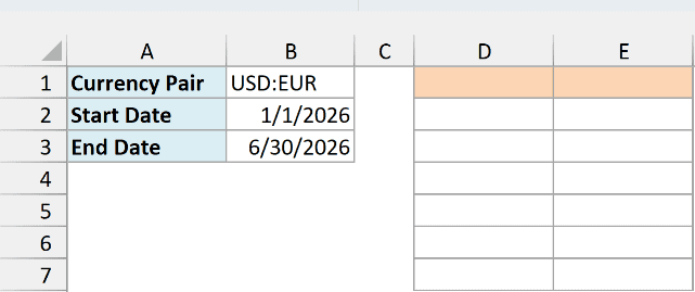 Currency pair USD:EUR with dates for January to June 2026, beside an empty result area