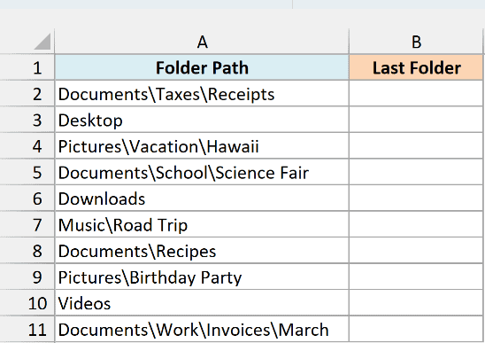 Folder paths of different depths, including single folders, and an empty Last Folder column