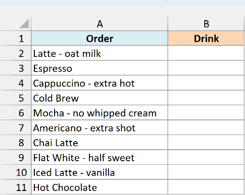 Coffee orders, some with a note after a dash, next to an empty Drink column