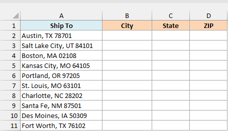 Shipping addresses written as City, State ZIP, beside empty City, State, and ZIP columns