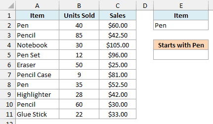 Stationery sales list with Pen typed under the Item criteria header