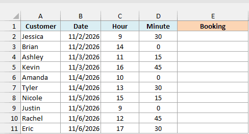 Hair salon bookings with the date, hour and minute in separate columns and an empty Booking column