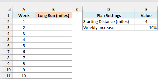 A 10-week running plan with an empty Long Run column and a settings table with a 4-mile start and a 10% weekly increase