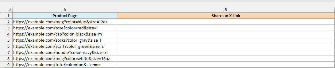 Eight product page addresses with color and size settings next to an empty Share on X Link column