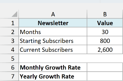 Newsletter running for 30 months, growing from 800 to 2,600 subscribers, with empty monthly and yearly growth rate cells