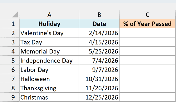 US holidays in 2026 with their dates next to an empty Year Passed column