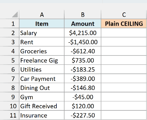 A month of money in and out with spending as negative amounts beside an empty Rounded Up column