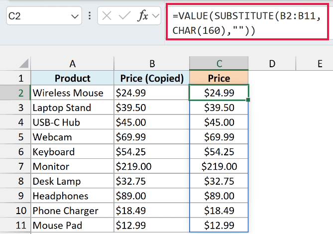 VALUE, SUBSTITUTE, and CHAR(160) formula converting the copied prices into numbers