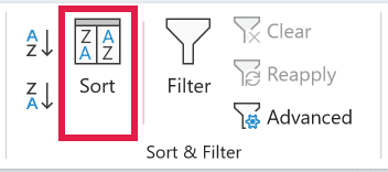 Sort option in the Sort & Filter group on the Data tab