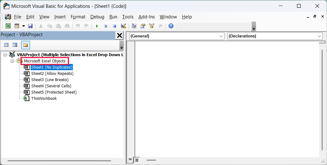 The example workbook expanded in Project Explorer with its worksheets under Microsoft Excel Objects.