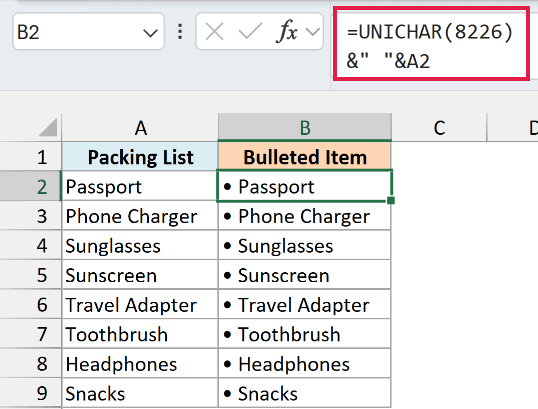UNICHAR formula in B2 copied down for older versions of Excel