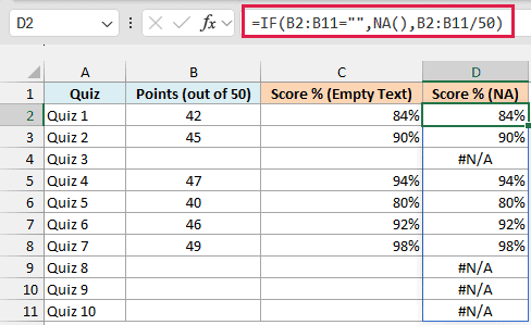 IF and NA formula returning #N/A for the missing quizzes in column D
