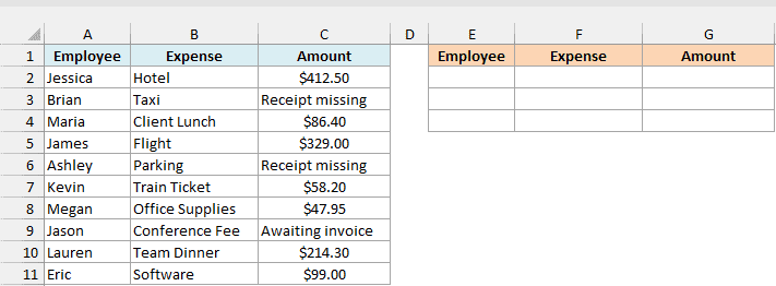 Team expense claims with Receipt missing and Awaiting invoice notes and an empty output area