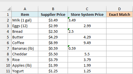 Supplier prices and store system prices for grocery items, some stored as text, beside an empty Exact Match column
