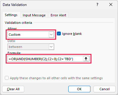 Custom Data Validation formula allowing positive numbers or TBD in the Party Size column