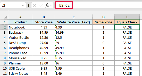 Plain equals check in E2 copied down returns FALSE for every row