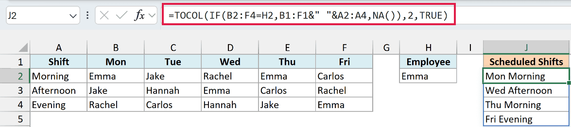 TOCOL with IF and NA lists Emma's four shifts in day order