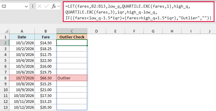 LET and QUARTILE.EXC formula flags the $68.50 fare as an outlier using the 1.5 times IQR rule
