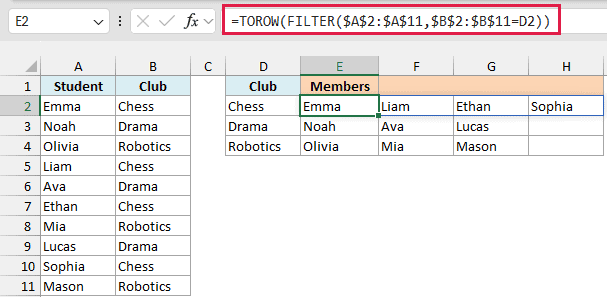 TOROW with FILTER lists the members of each club in a row