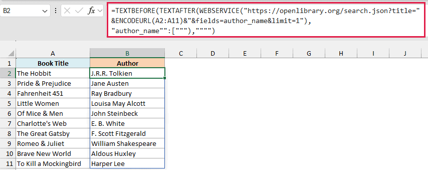 ENCODEURL makes each title safe for the Open Library search URL, and the formula returns each book's author