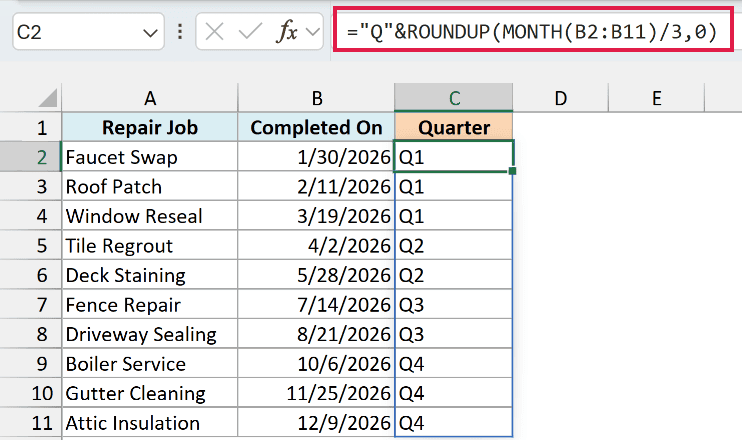 ROUNDUP of the month divided by 3 gives the quarter, Q1 to Q4, for each completed job