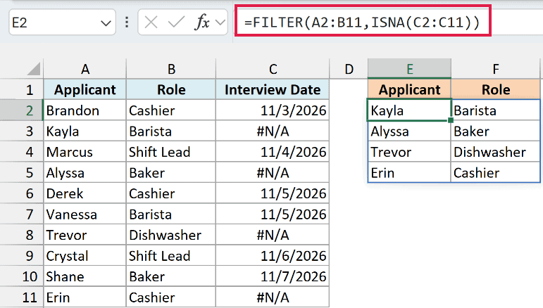FILTER and ISNA formula listing the four applicants with no interview date