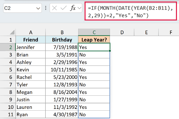 Building February 29 of each birth year and checking the month returns Yes for leap years such as 1996 and 2000