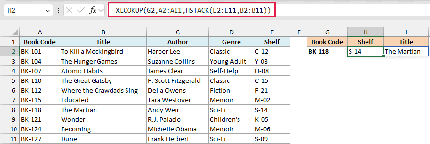 XLOOKUP with HSTACK returns the shelf and title for BK-118