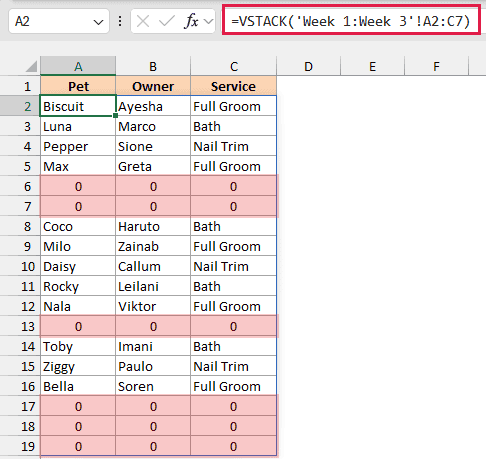 VSTACK combines three weekly booking sheets, displaying empty source rows as zeros