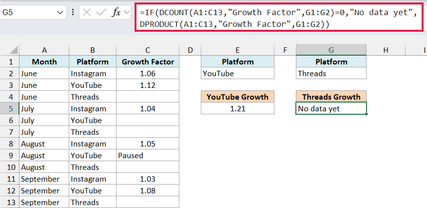 IF and DCOUNT formula showing No data yet for Threads instead of 0