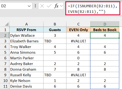 IF and ISNUMBER formula in D2 runs EVEN only on numbers and leaves TBD and blank rows empty