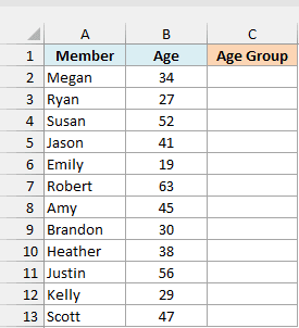 Excel list of gym members and their ages with an empty Age Group column