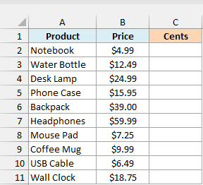 Product prices beside an empty Cents column