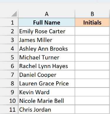 Full names, including some with a middle name, with a blank Initials column.