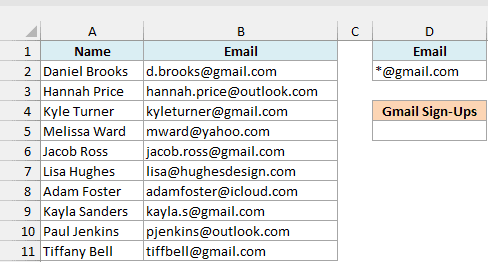 Webinar sign-ups with name and email, an Email criteria box with *@gmail.com, and an empty Gmail Sign-Ups result cell