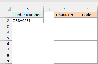 An order number copied from an email in cell A2 beside empty Character and Code columns