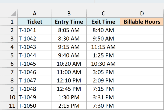 Parking tickets with entry and exit times beside an empty Billable Hours column