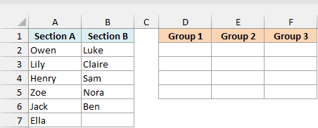 Students in Section A and Section B, beside empty Group 1 to Group 3 columns