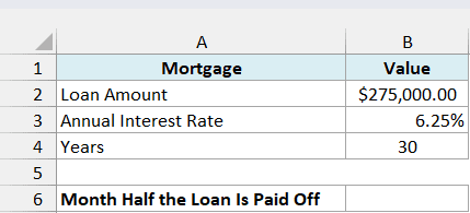 Mortgage of $275,000 at 6.25% for 30 years with an empty Month Half the Loan Is Paid Off cell