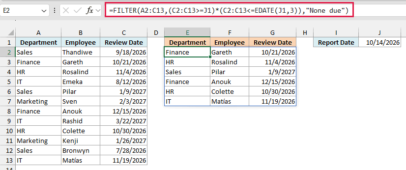 FILTER returns six employee reviews due from 10/14/2026 through 1/14/2027