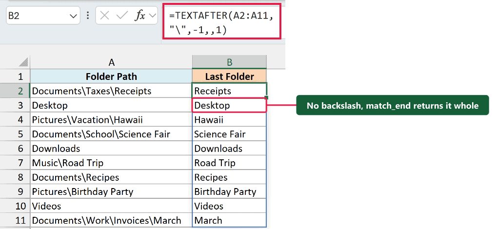 TEXTAFTER formula with -1 and match_end 1 returning the last folder name