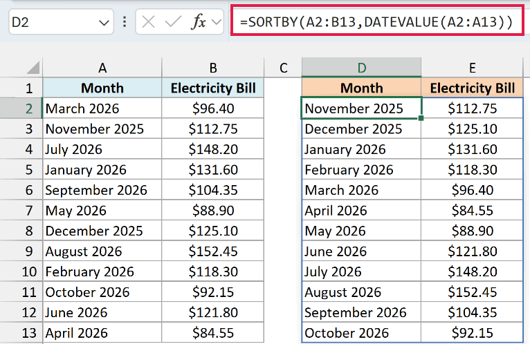 SORTBY with DATEVALUE lists the bills in calendar order from November 2025 to October 2026