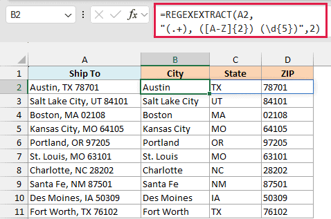 REGEXEXTRACT with three capture groups and return_mode 2 splits each address into city, state, and ZIP code